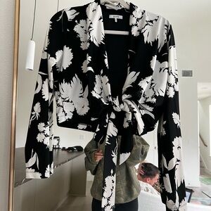 Black and White Floral Tie-Front Blouse